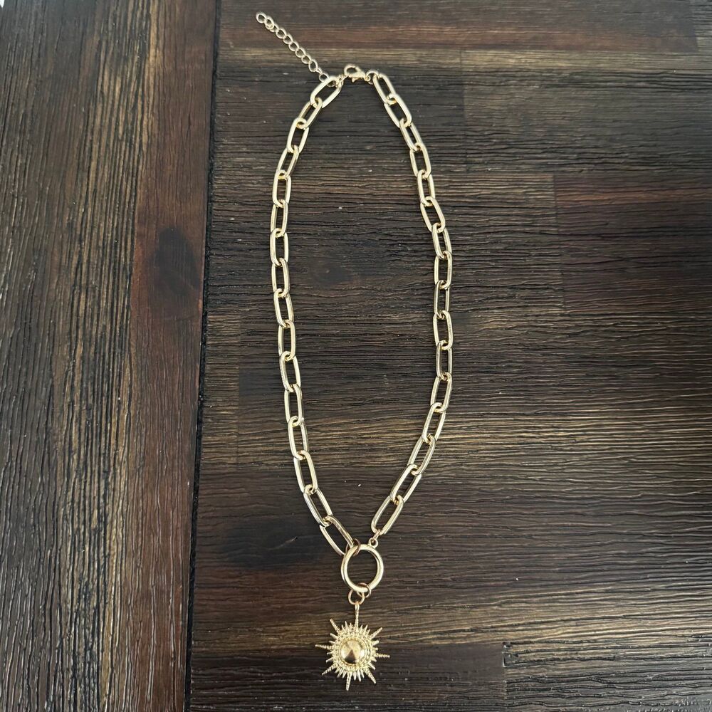 Gold Tone Sun Chain Link Pendant Necklace